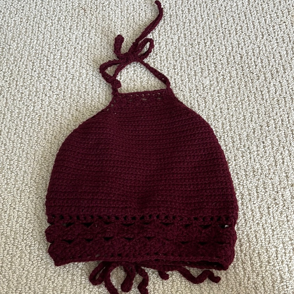 Burgundy homemade crochet top with adjustable neck and back ties